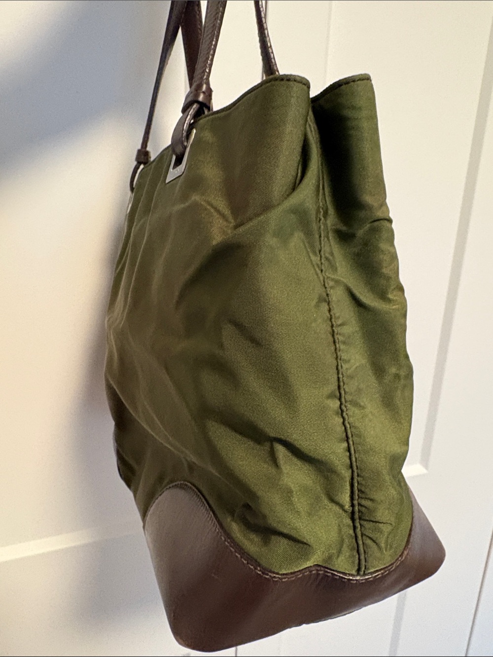 [Prada] Olive Green Nylon Shoulder Bag Handbag Purse Small Tote w/ Brown Leather - Picture 5 of 16